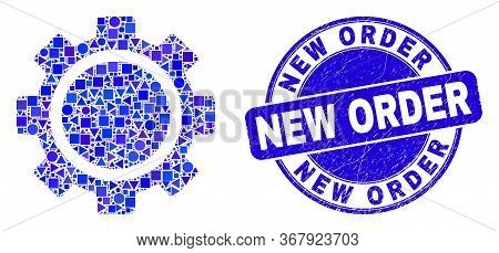 Geometric Gear Mosaic Icon And New Order Watermark. Blue Vector Round Distress Watermark With New Or