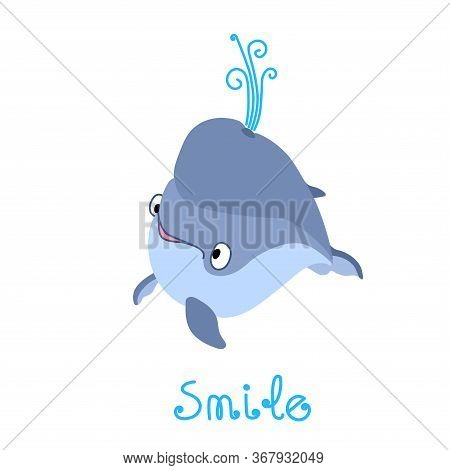 Young Cute Cachalot Or Blue Whale With Baby Face, Happy Smile, Emotion, For Logo Or Emblem, Color Ve