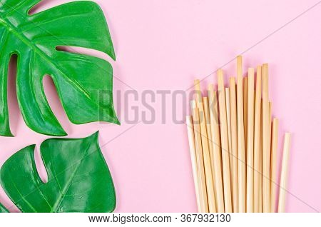 Wheat Straw For Drinking Water With Green Leaves On Pink Background. Zero Waste Concept.