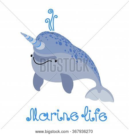 Young Cute Spotted Narwhal With Babyface & Horn, Rare Northern Marine Animal, Smile Motions, For Log