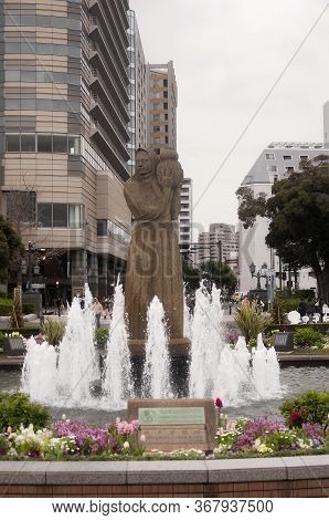 Yokohama, Japan.  April 8, 2019. The Guardian Of The Water Statue And Fountain Located In Yamashita 