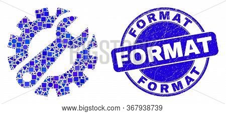 Geometric Gear Tools Mosaic Icon And Format Seal. Blue Vector Round Grunge Seal With Format Caption.