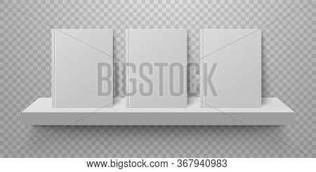 Book Mockup On Bookshelf. Bestsellers In Hard Cover On Shelf. Bookstore Display. Vector Realistic Mo