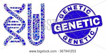 Geometric Dna Testtube Mosaic Pictogram And Genetic Seal Stamp. Blue Vector Round Textured Seal With