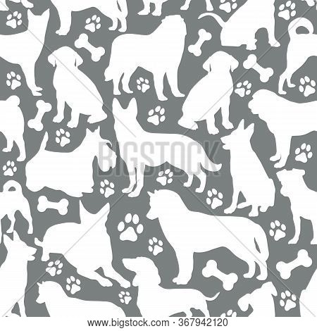 Pattern Of White Colors Dogs Background Illustration On Grey. Animal Collection. Seamless Surface Pa