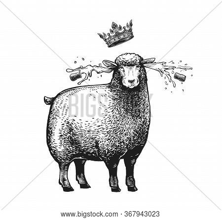 Cartoon Stylized Sheep With The Crown Over Her Head. Vector Illustration Of The Queen Sheep In Graph