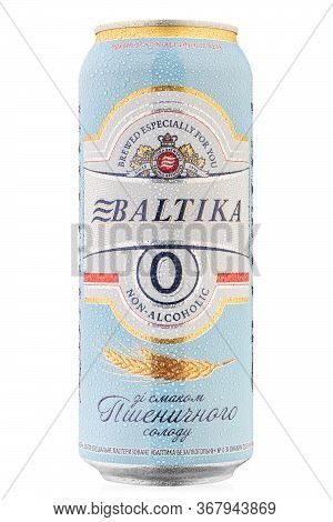 Ukraine, Kyiv - February 27. 2020: Metal Can Beer Baltika, Non Alcoholic 0 On White Background. Balt