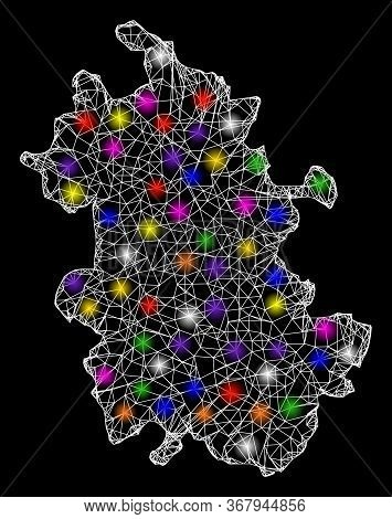 Web Mesh Vector Map Of Anhui Province With Glare Effect On A Black Background. Abstract Lines, Light