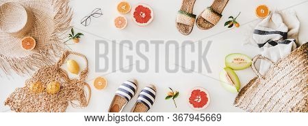 Summer Mood Layout With Accessories And Fruits, Copy Space