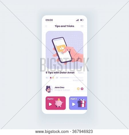 Online Multimedia Player Smartphone Interface Vector Template. Vlogging Platform Mobile App Page Lig