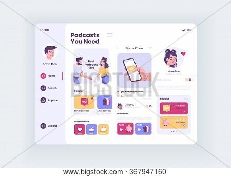 Podcasts You Need Tablet Interface Vector Template. Mobile App Page Day Mode Design Layout. User Pro