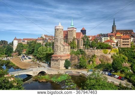Bautzen, Germany. View Of Old Town With Old Water Tower (alte Wasserkunst) And Church Of St. Michael