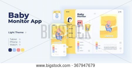 Infant Care Help App Screen Vector Adaptive Design Template. Remote Baby Monitoring Application Day 