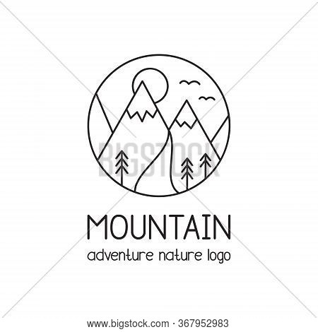 Mountain Vector Illustration Icon. Nature, Adventure, Outdoor Graphic Logo With Text, Simple Doodle 