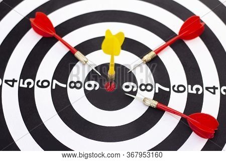 Right To Target Concept Using Darts In Bulseye On Darts Business Success Concept. Destruction Of Com