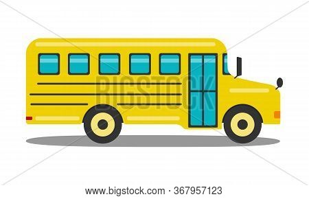 Classic Yellow School Bus Isolated On White Background. Flat Vector Illustration. Vehicle Side View.