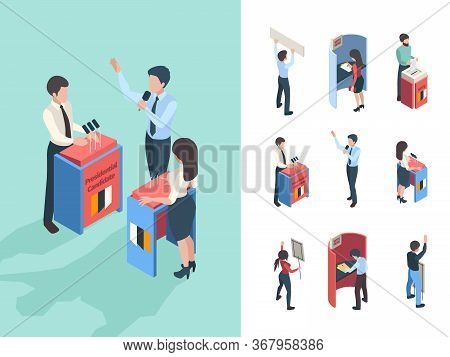 Political Voting. People Choice President Or Parliament Reporters And Speakers Vote Campaign Vector 