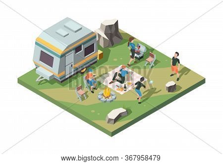 Outdoor Picnic Party. Camper Fire Place Tent Camp Barbecue Party Table For Food Street Grill Pork An