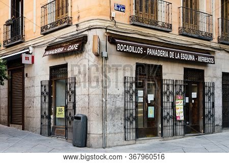 Madrid, Spain - May, 24, 2020: Traditional Bakery And Coffee Shop In Dos De Mayo Square In Malasana,