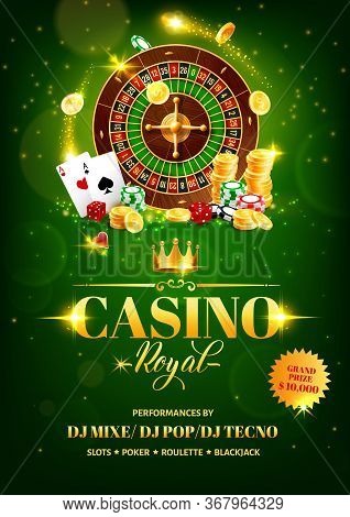 Casino Gambling Games Vector Flyer With Roulette Wheel, Chips And Dice, Poker Playing Cards, Gold Co
