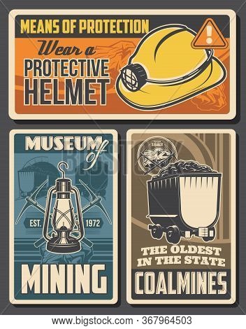 Coal Mining Retro Posters. Miners Equipment Helmet With Kerosine Lamp, Crossed Pickaxes And Trolley 