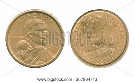 Sacagawea One Dollar Coin Of The United States Isolated On A White Background. Obverse And Reverse.