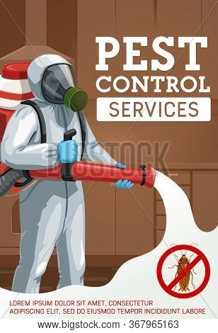 Cold Fogging Pest Control Method. Cartoon Worker Spraying Insecticide With Cold Fogger Against Insec