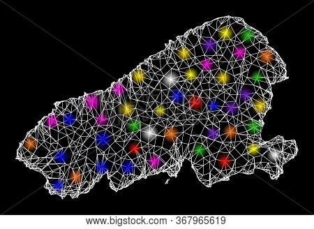 Web Mesh Vector Map Of Kahoolawe Island With Glare Effect On A Black Background. Abstract Lines, Lig