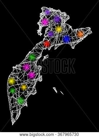 Web Mesh Vector Map Of Kamchatka Peninsula With Glare Effect On A Black Background. Abstract Lines, 