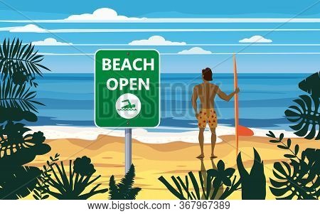 Summer Beach Banner Open Surfer With Surfboard. Seascape Ocean Shore Tropical Flora Palms. Opening S