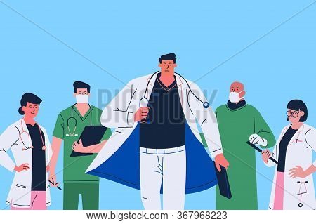 Illustration Of Health Care Workers Stand United In Front Of Sky Blue Background To Fight The Novel 