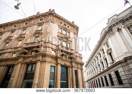 Milan. Italy - May 20, 2019: Crossroads of Armorari Street and Cordusio Street. Facade of Bank of Italy.