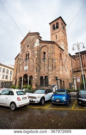 Milan. Italy - May 20, 2019: Church of San Sepolcro in Milan (Chiesa di San Sepolcro). Facade with Entrance Inside.