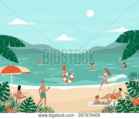 Cartoon Color Characters People Having Fun On The Beach Landscape Scene Concept Flat Design Style. V