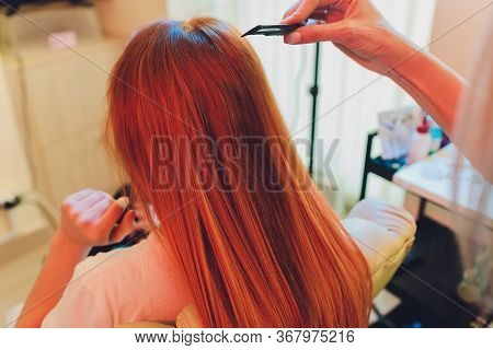 Hair Salon, Beauty Spa. Procedure Of Hair Extensions.