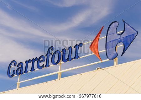 Finestrat, Spain - March 10, 2020: Carrefour Logo In Finestrat Spain. Carrefour Is One Of The Larges
