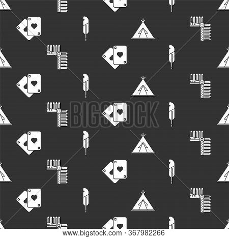 Set Indian Teepee Or Wigwam, Indian Headdress With Feathers, Playing Cards And Feather Pen On Seamle