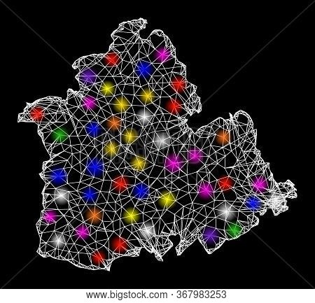 Web Mesh Vector Map Of Sevilla Province With Glare Effect On A Black Background. Abstract Lines, Lig