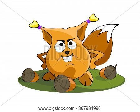 Nice Fat Squirrel With A Nuts. A Startled Squirrel. Cartoon Image. Vector.