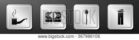 Set Smoking Pipe, Stacks Paper Money Cash, Opium Poppy And Lighter Icon. Silver Square Button. Vecto
