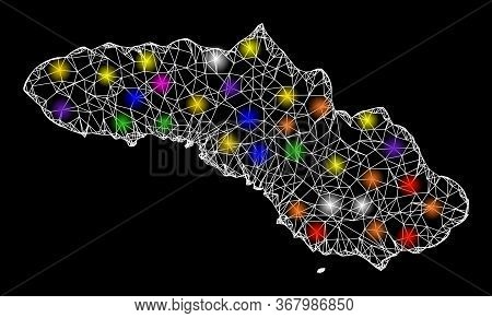 Web Mesh Vector Map Of Sumba Island With Flare Effect On A Black Background. Abstract Lines, Light S
