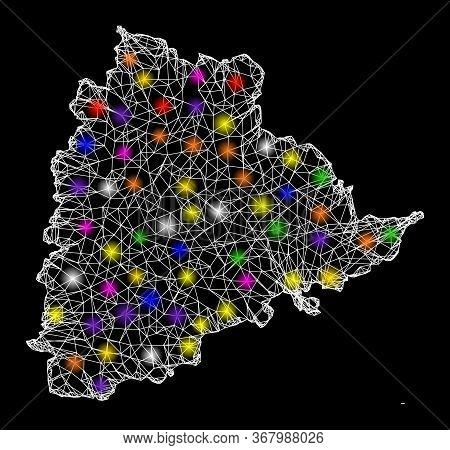 Web Mesh Vector Map Of Telangana State With Glare Effect On A Black Background. Abstract Lines, Ligh