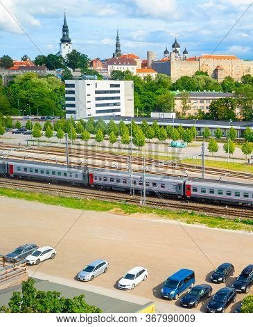 Aerail View From Of Old Town Of Tallinn,urban Skyline With Railroad And Car Parking, Estonia