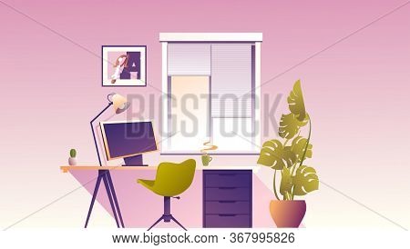 Design Workplace At Home, Office For Remote Work, Horizontal Banner, Vector Illustration, Desktop Ne