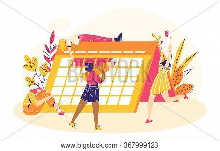 Painful Menstruation Concept. Women Check Menstrual Days, Hold Analgetic Pill. Small People, Big Obj