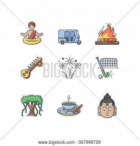 Indian Customs Rgb Color Icons Set. Religious Symbols And Traditional Ceremonies. Buddha. Sitar Inst