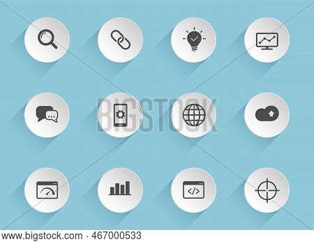 Seo Vector Icons On Round Puffy Paper Circles With Transparent Shadows On Blue Background. Seo Stock