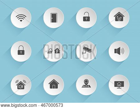 Smart Home Vector Icons On Round Puffy Paper Circles With Transparent Shadows On Blue Background. Sm