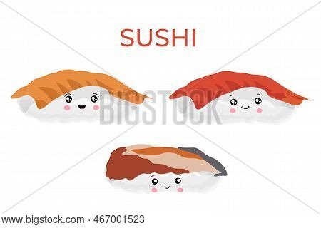 Sushi In The Style Of Kawai, Traditional Japanese Food. Asian Seafood Group. Template For Sushi Rest