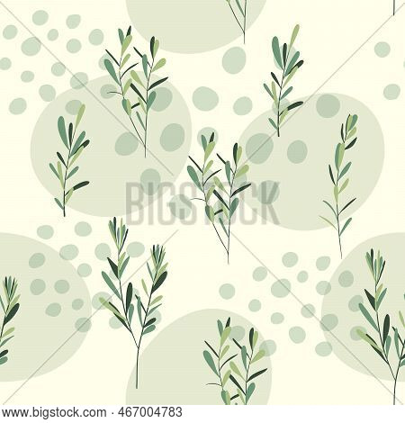 Floral Semless Pattern. Hand Drawn Plants. Green Plant Branches With Leaves. Plants Simple Backgroun